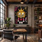 Dipinto a olio a forma di cartone animato con graffiti, caratterizzato da un soggetto grafico giocoso con vivaci dettagli pittorici.