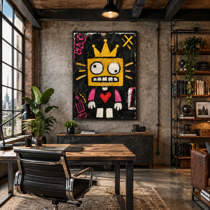 Dipinto a olio a forma di cartone animato con graffiti, caratterizzato da un soggetto grafico giocoso con vivaci dettagli pittorici.