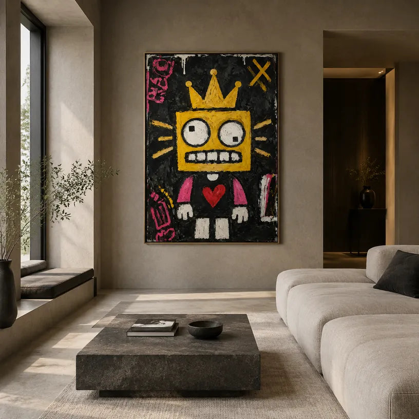 Dipinto a olio a forma di cartone animato con graffiti, caratterizzato da un soggetto grafico giocoso con vivaci dettagli pittorici.