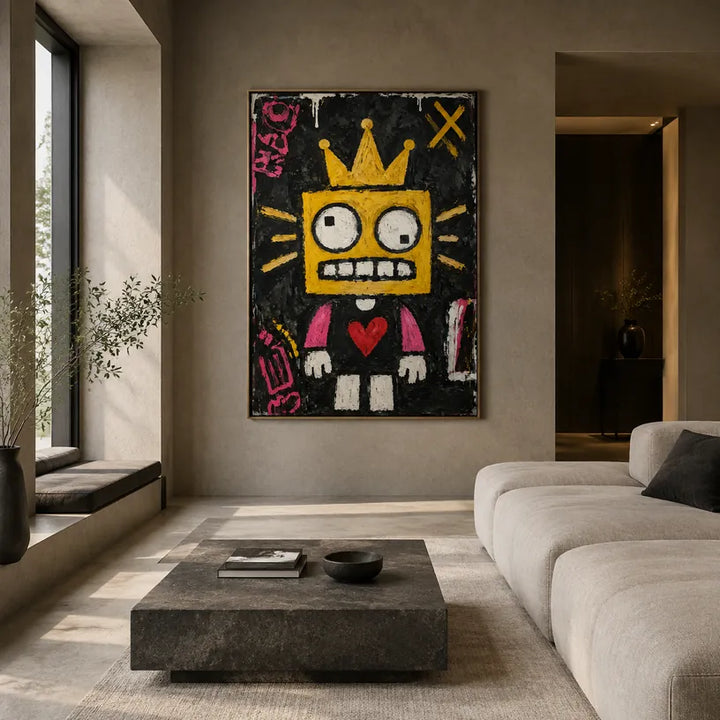 Dipinto a olio a forma di cartone animato con graffiti, caratterizzato da un soggetto grafico giocoso con vivaci dettagli pittorici.