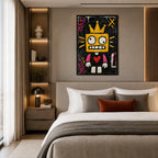 Dipinto a olio a forma di cartone animato con graffiti, caratterizzato da un soggetto grafico giocoso con vivaci dettagli pittorici.
