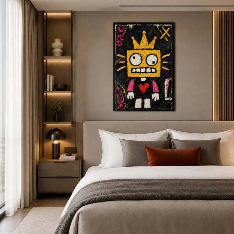 Dipinto a olio a forma di cartone animato con graffiti, caratterizzato da un soggetto grafico giocoso con vivaci dettagli pittorici.