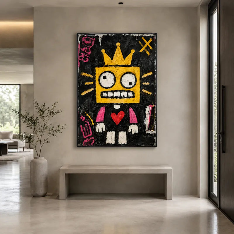 Dipinto a olio a forma di cartone animato con graffiti, caratterizzato da un soggetto grafico giocoso con vivaci dettagli pittorici.