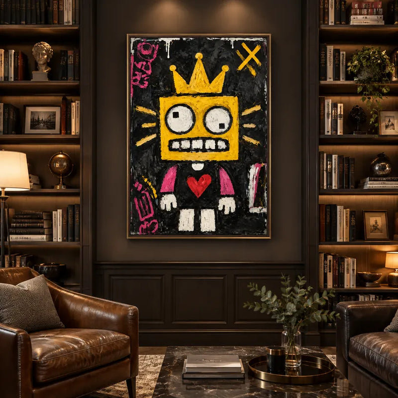 Dipinto a olio a forma di cartone animato con graffiti, caratterizzato da un soggetto grafico giocoso con vivaci dettagli pittorici.