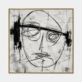 Retrato de graffiti y pintura al óleo de figuras que presentan una figura o retrato expresivo representado con detalles pictóricos en una paleta de blanco y negro.