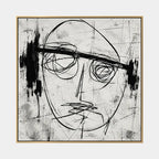 Retrato de graffiti y pintura al óleo de figuras que presentan una figura o retrato expresivo representado con detalles pictóricos en una paleta de blanco y negro.