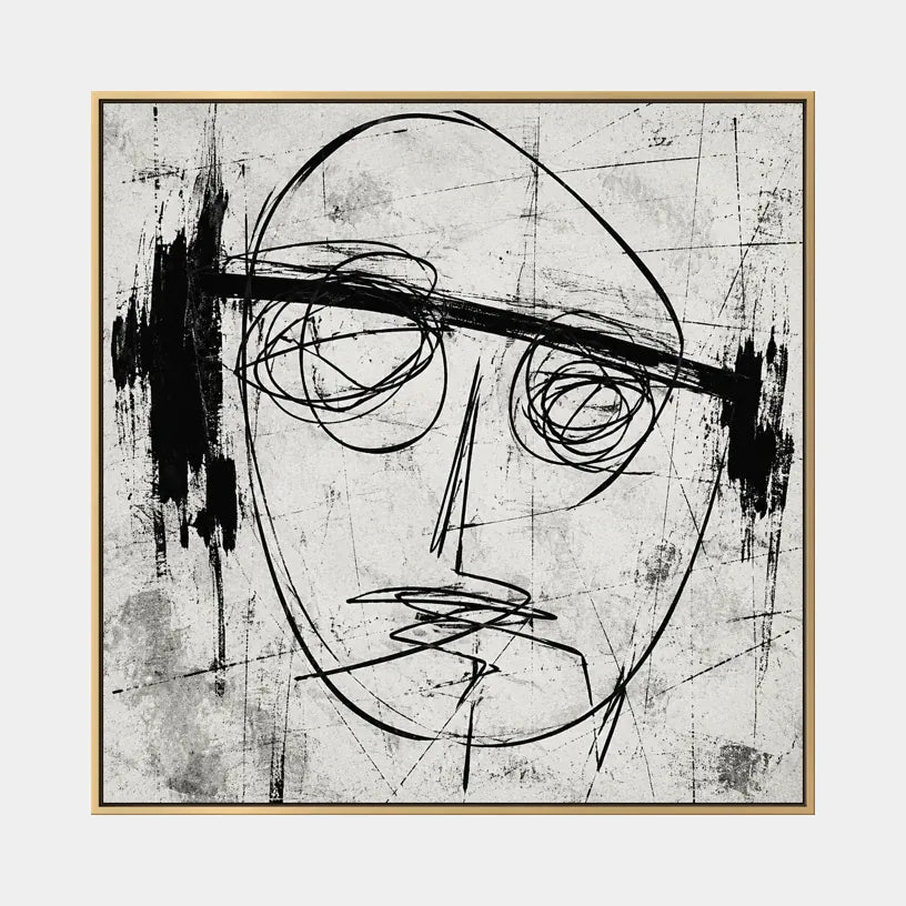 Retrato de graffiti y pintura al óleo de figuras que presentan una figura o retrato expresivo representado con detalles pictóricos en una paleta de blanco y negro.