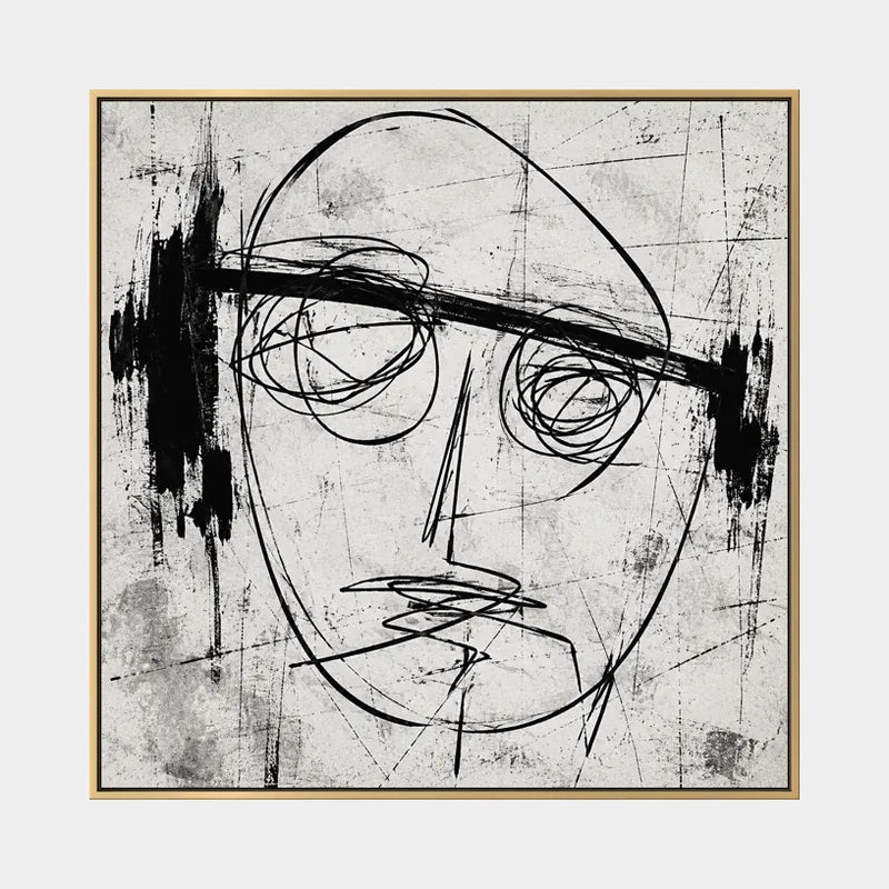 Retrato de graffiti y pintura al óleo de figuras que presentan una figura o retrato expresivo representado con detalles pictóricos en una paleta de blanco y negro.