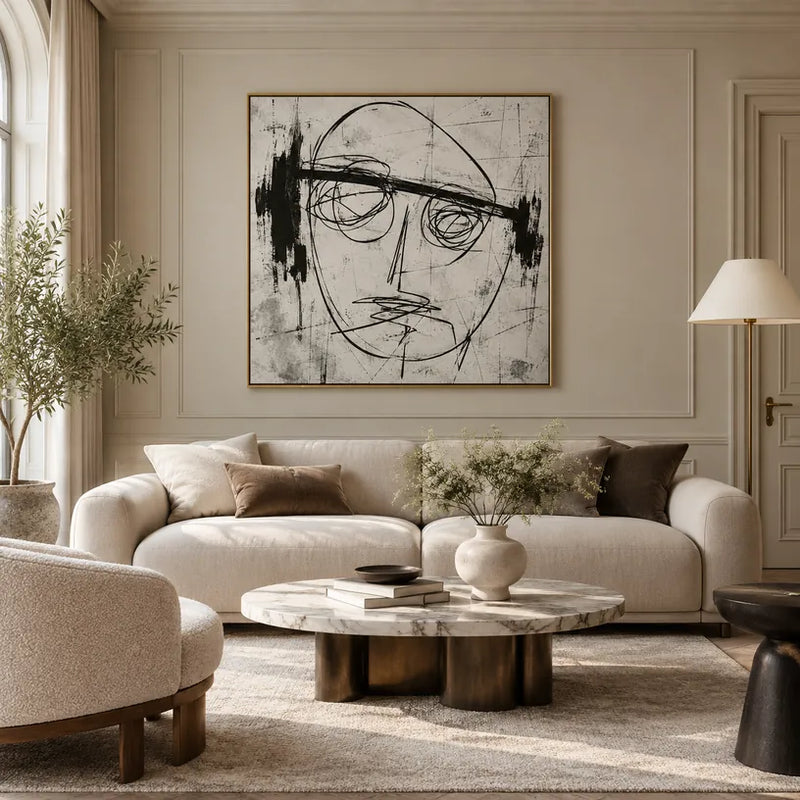 Retrato de graffiti y pintura al óleo de figuras que presentan una figura o retrato expresivo representado con detalles pictóricos en una paleta de blanco y negro.