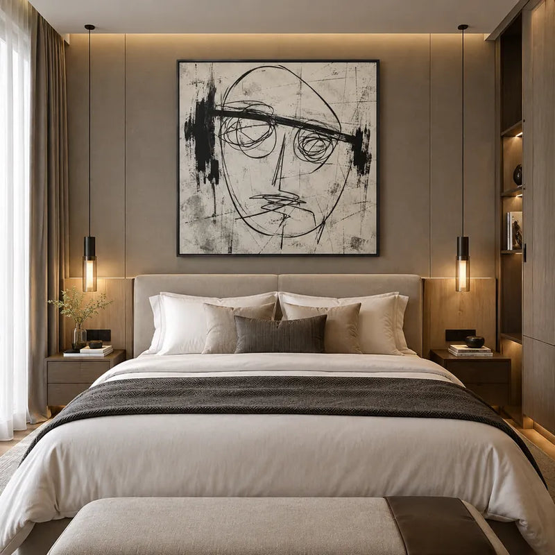 Retrato de graffiti y pintura al óleo de figuras que presentan una figura o retrato expresivo representado con detalles pictóricos en una paleta de blanco y negro.