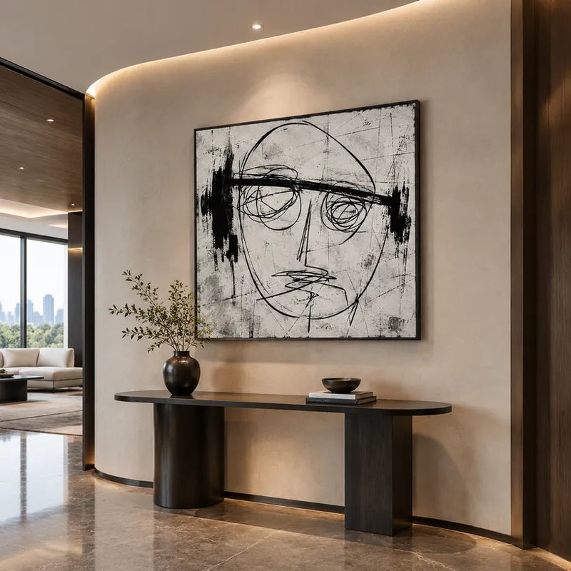 Retrato de graffiti y pintura al óleo de figuras que presentan una figura o retrato expresivo representado con detalles pictóricos en una paleta de blanco y negro.