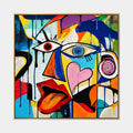 Ritrattistica di graffiti e pittura a olio con figure espressive o ritratti resi con dettagli pittorici.