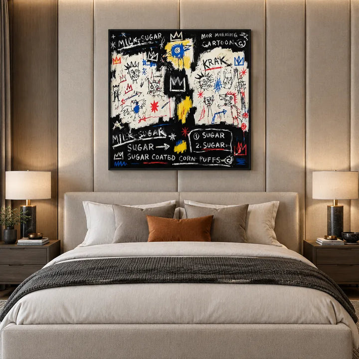 Dipinto a olio a forma di cartone animato con graffiti, caratterizzato da un soggetto grafico giocoso con vivaci dettagli pittorici.