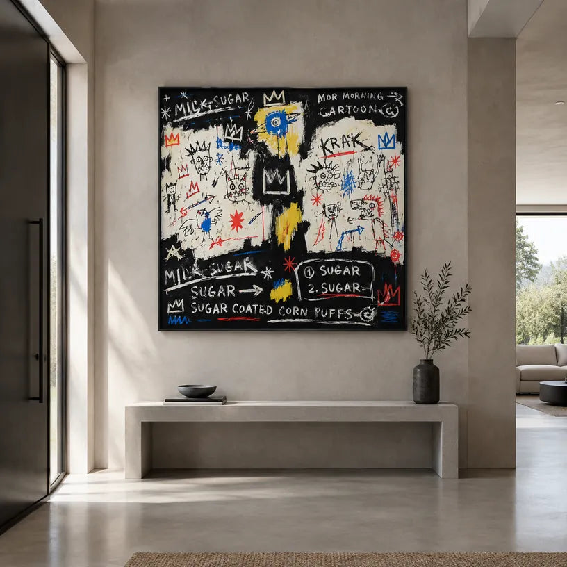 Pintura al óleo de dibujos animados de graffiti que presenta un tema gráfico divertido con detalles pictóricos animados.