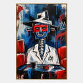 Graffiti-Porträt- und Figurenölgemälde mit einer ausdrucksstarken Figur oder einem Porträt mit malerischen Details in einer blauen Farbpalette.