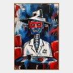 Graffiti-Porträt- und Figurenölgemälde mit einer ausdrucksstarken Figur oder einem Porträt mit malerischen Details in einer blauen Farbpalette.
