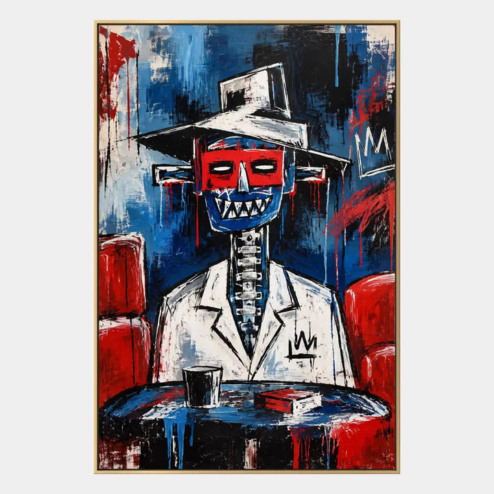 Ritrattistica di graffiti e pittura a olio con figure espressive o ritratti resi con dettagli pittorici in una tavolozza blu.