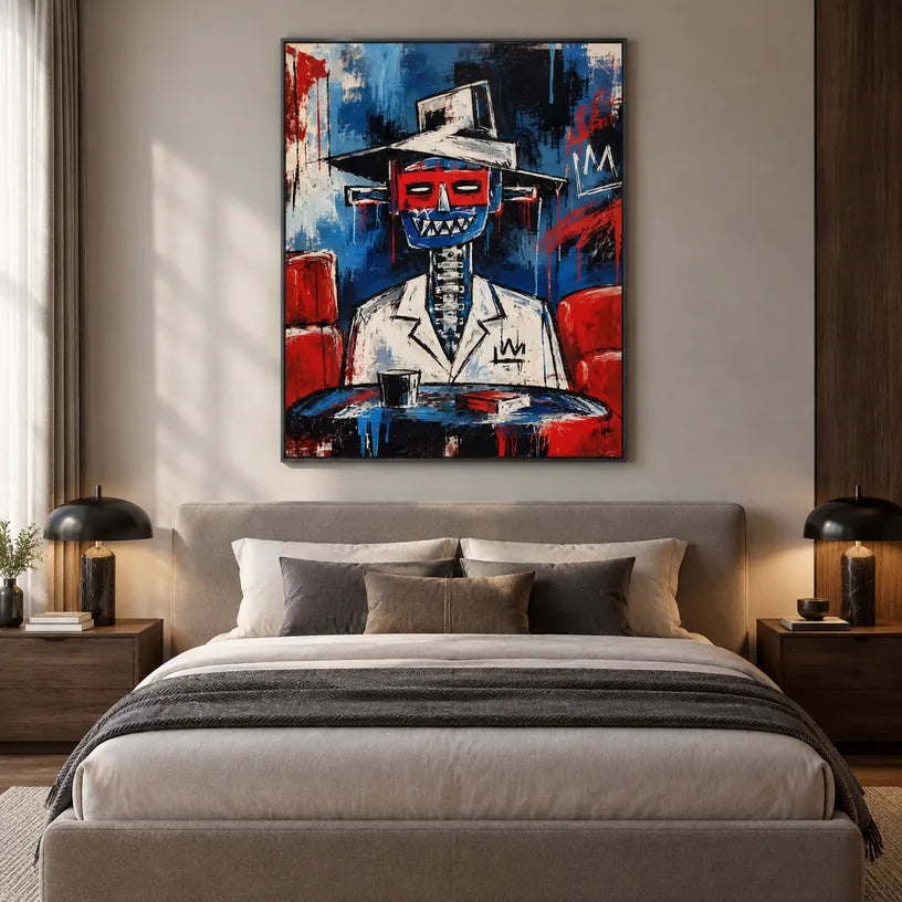 Graffiti-Porträt- und Figurenölgemälde mit einer ausdrucksstarken Figur oder einem Porträt mit malerischen Details in einer blauen Farbpalette.