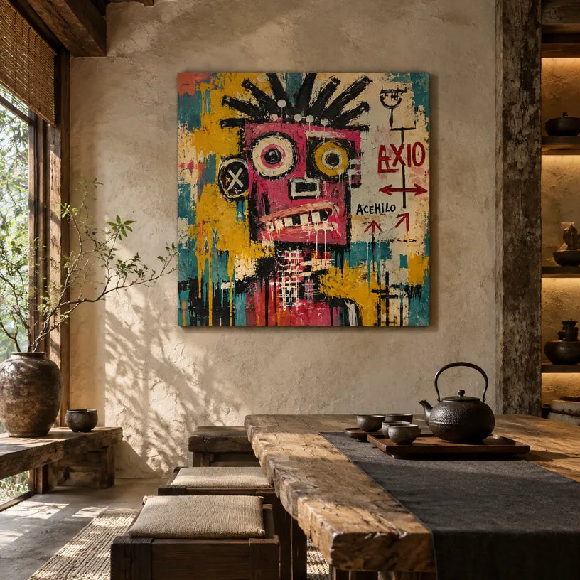 Pintura al óleo de dibujos animados de graffiti que presenta un tema gráfico divertido con detalles pictóricos animados en una paleta beige.