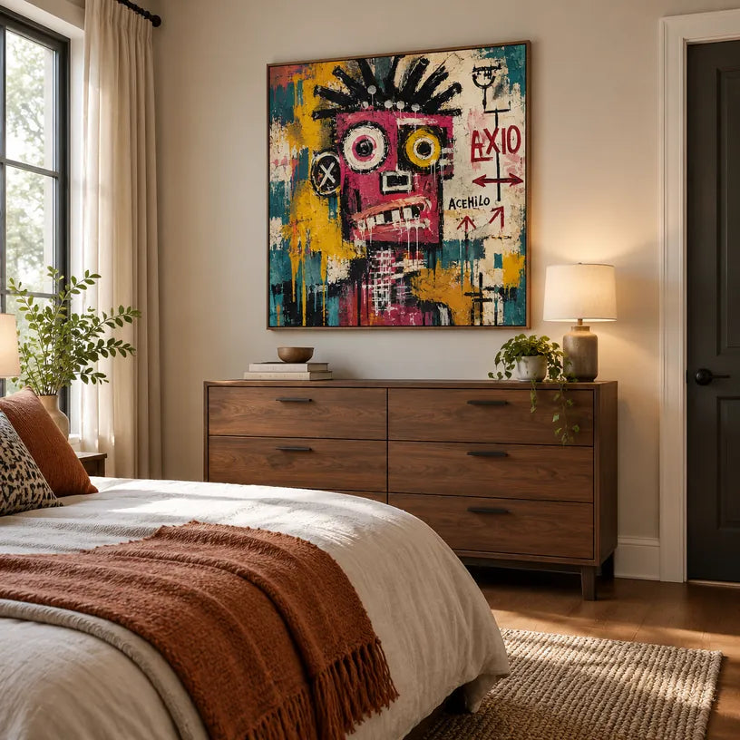 Peinture à l'huile de dessin animé graffiti présentant un sujet graphique ludique avec des détails picturaux vivants dans une palette beige.