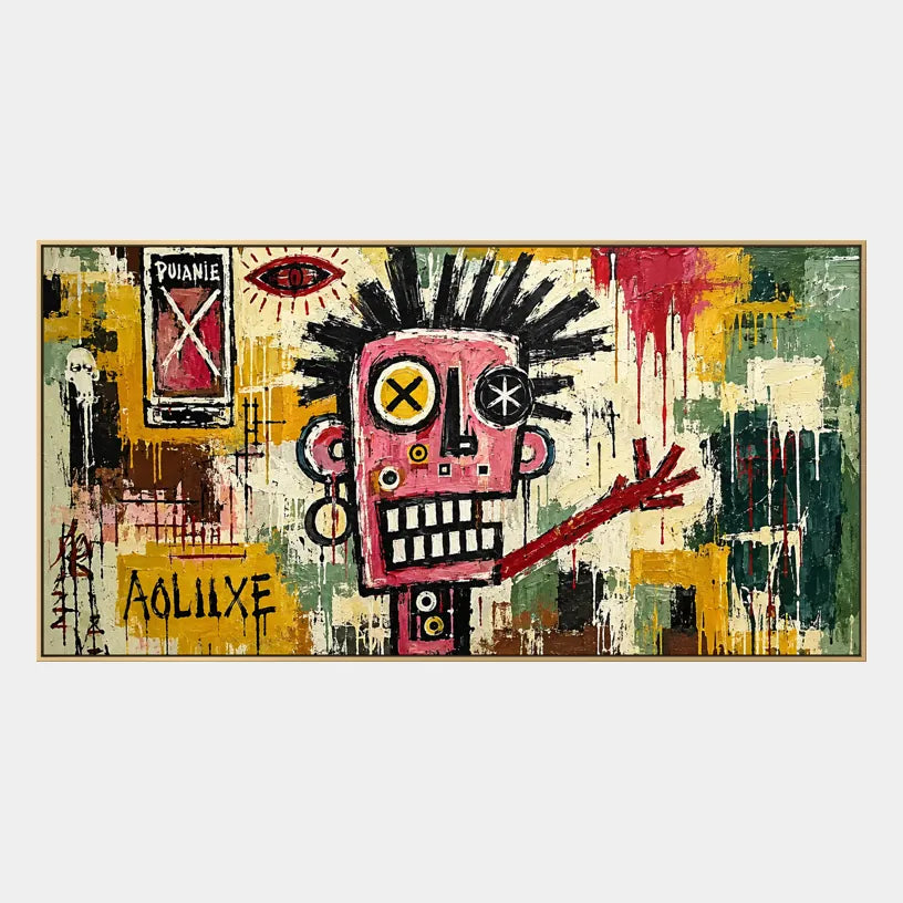 Pintura al óleo de dibujos animados de graffiti que presenta un tema gráfico divertido con detalles pictóricos animados en una paleta beige.