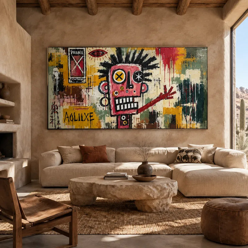 Graffiti-Cartoon-Ölgemälde mit einem verspielten grafischen Motiv mit lebendigen malerischen Details in einer Beige-Palette.