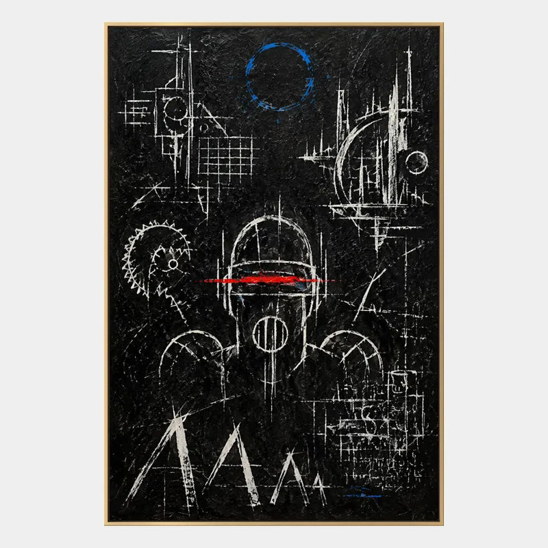 Abstraktes und konzeptuelles Graffiti-Ölgemälde mit geschichteten abstrakten Zeichen, Textur und ausdrucksstarker malerischer Bewegung in einer Schwarz-Weiß-Palette.