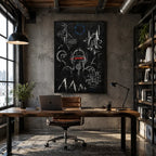 Abstraktes und konzeptuelles Graffiti-Ölgemälde mit geschichteten abstrakten Zeichen, Textur und ausdrucksstarker malerischer Bewegung in einer Schwarz-Weiß-Palette.