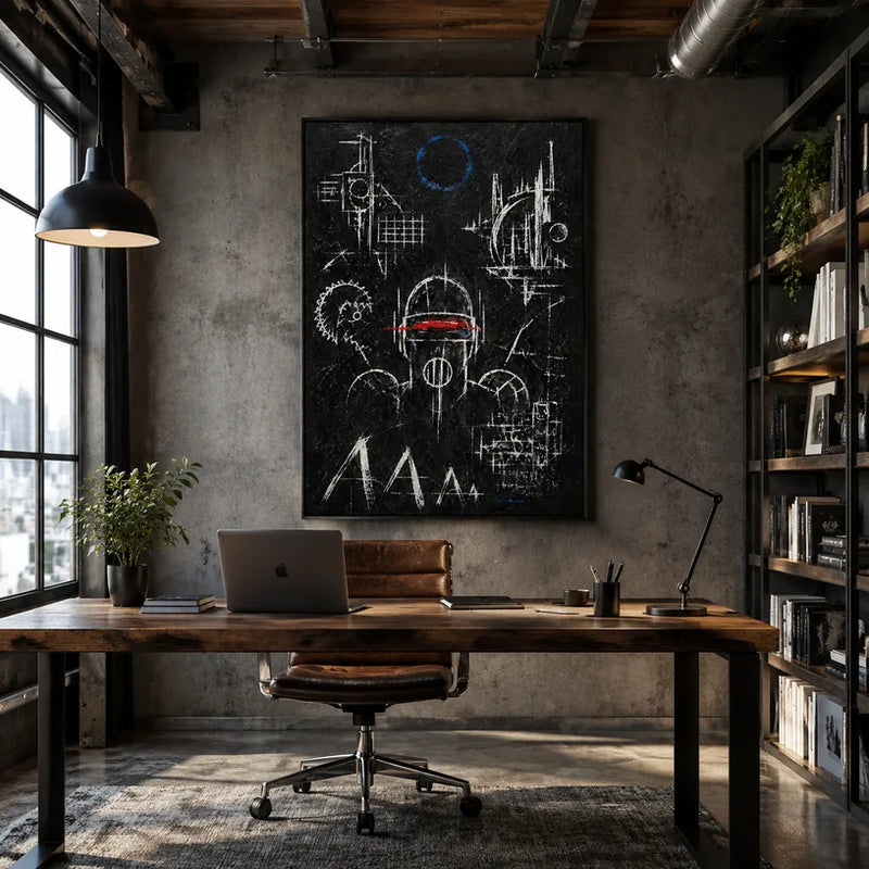 Abstraktes und konzeptuelles Graffiti-Ölgemälde mit geschichteten abstrakten Zeichen, Textur und ausdrucksstarker malerischer Bewegung in einer Schwarz-Weiß-Palette.