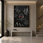 Abstraktes und konzeptuelles Graffiti-Ölgemälde mit geschichteten abstrakten Zeichen, Textur und ausdrucksstarker malerischer Bewegung in einer Schwarz-Weiß-Palette.