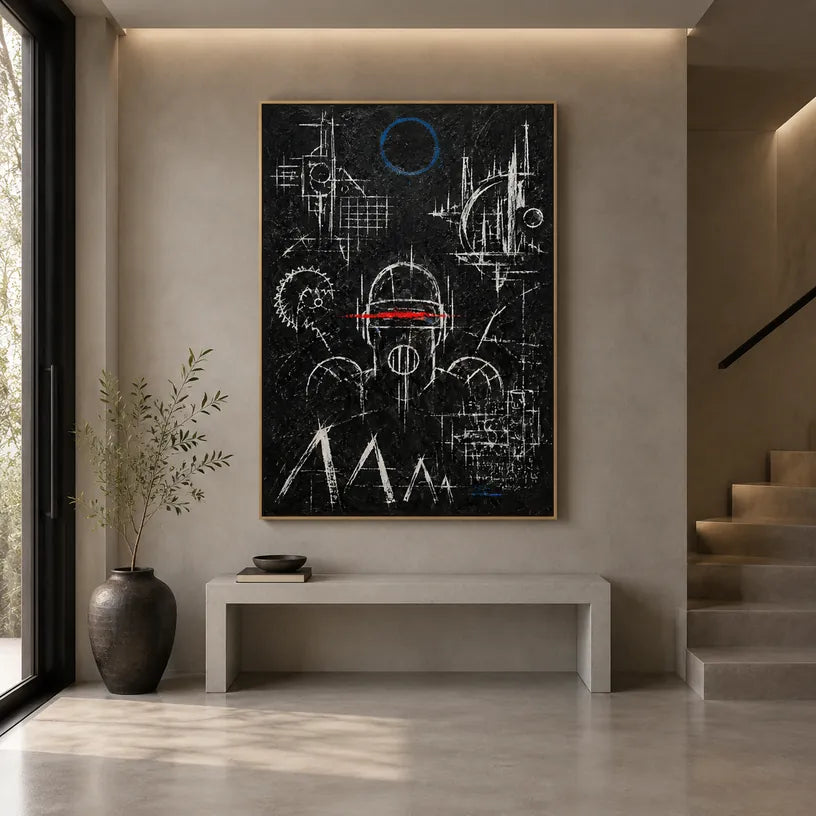 Peinture à l'huile abstraite et conceptuelle de graffitis présentant des marques abstraites superposées, une texture et un mouvement pictural expressif dans une palette noir et blanc.