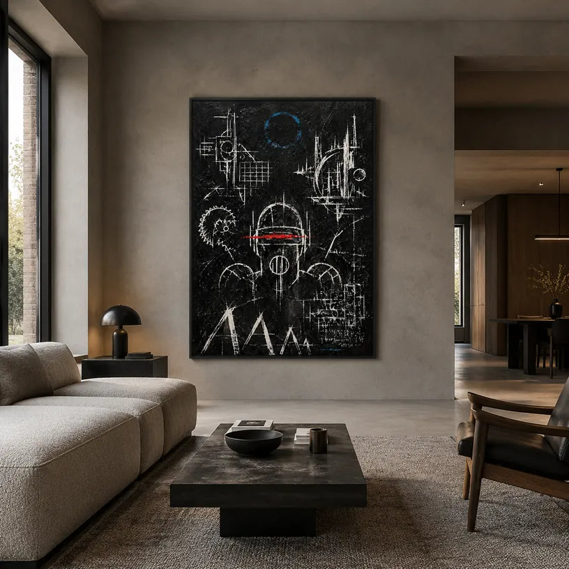 Abstraktes und konzeptuelles Graffiti-Ölgemälde mit geschichteten abstrakten Zeichen, Textur und ausdrucksstarker malerischer Bewegung in einer Schwarz-Weiß-Palette.