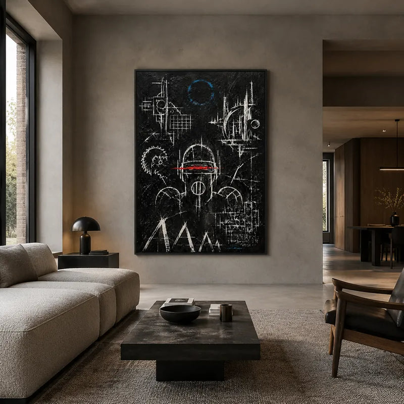 Abstraktes und konzeptuelles Graffiti-Ölgemälde mit geschichteten abstrakten Zeichen, Textur und ausdrucksstarker malerischer Bewegung in einer Schwarz-Weiß-Palette.