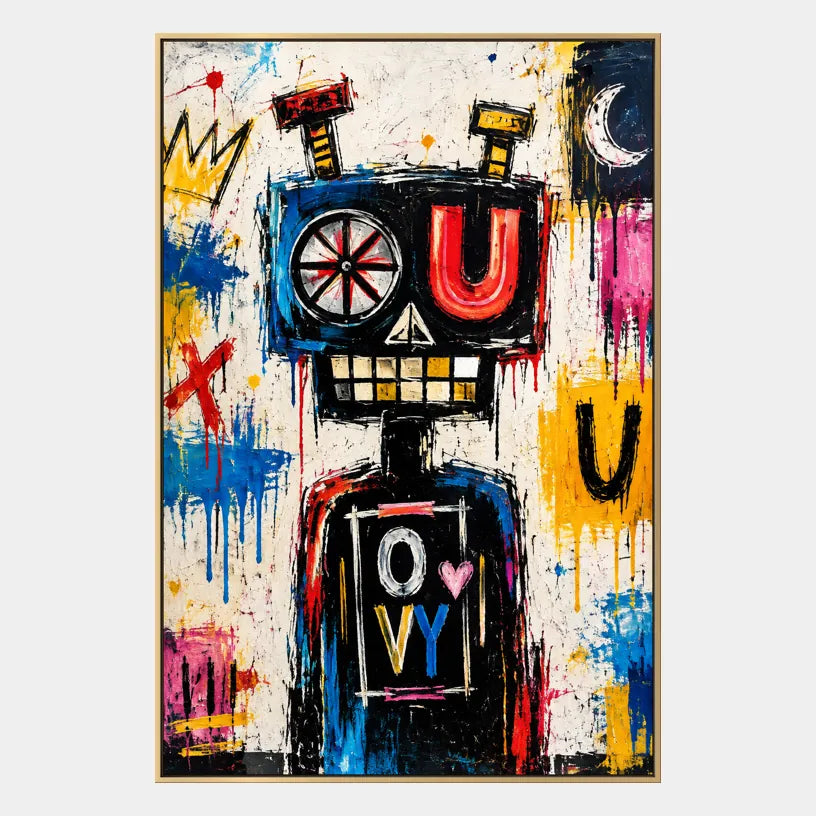 Dipinto a olio a forma di cartone animato con graffiti, caratterizzato da un soggetto grafico giocoso con vivaci dettagli pittorici in una tavolozza beige.