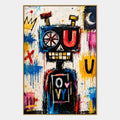 Dipinto a olio a forma di cartone animato con graffiti, caratterizzato da un soggetto grafico giocoso con vivaci dettagli pittorici in una tavolozza beige.