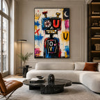 Dipinto a olio a forma di cartone animato con graffiti, caratterizzato da un soggetto grafico giocoso con vivaci dettagli pittorici in una tavolozza beige.