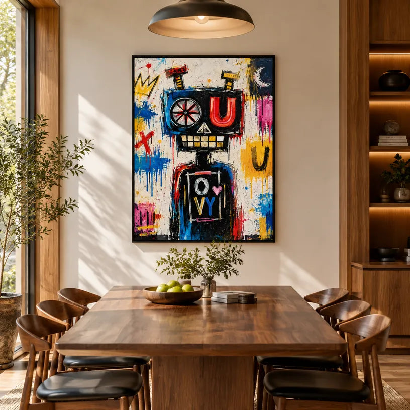 Dipinto a olio a forma di cartone animato con graffiti, caratterizzato da un soggetto grafico giocoso con vivaci dettagli pittorici in una tavolozza beige.