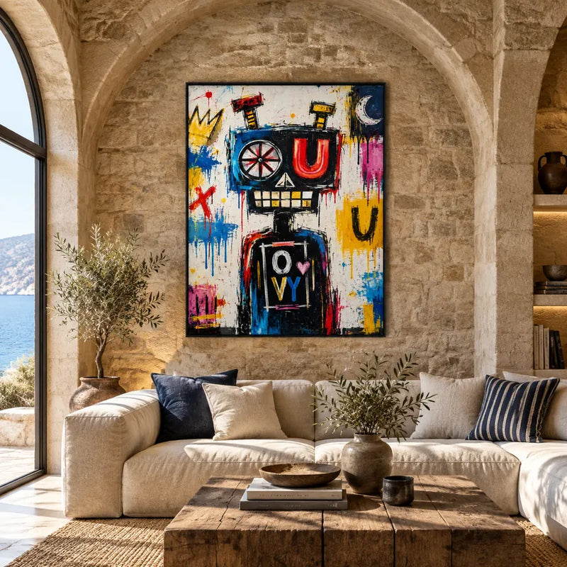 Dipinto a olio a forma di cartone animato con graffiti, caratterizzato da un soggetto grafico giocoso con vivaci dettagli pittorici in una tavolozza beige.