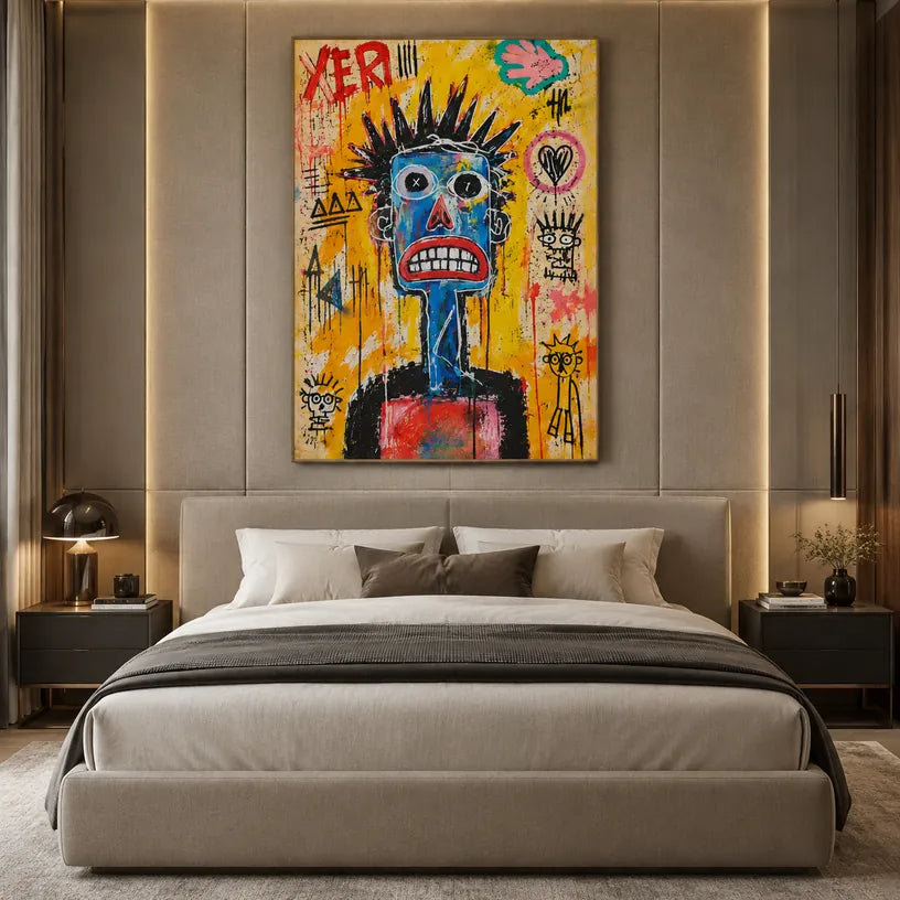 Retrato de graffiti y pintura al óleo de figuras que presentan una figura o retrato expresivo representado con detalles pictóricos en una paleta amarilla.