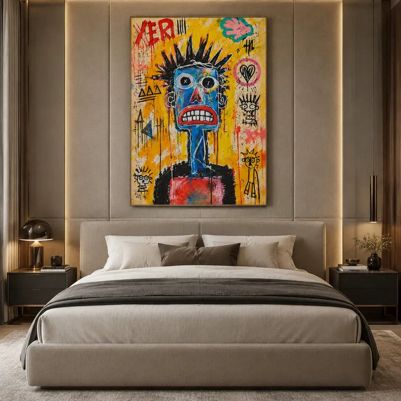 Graffiti-Porträt- und Figurenölgemälde mit einer ausdrucksstarken Figur oder einem Porträt mit malerischen Details in einer gelben Palette.