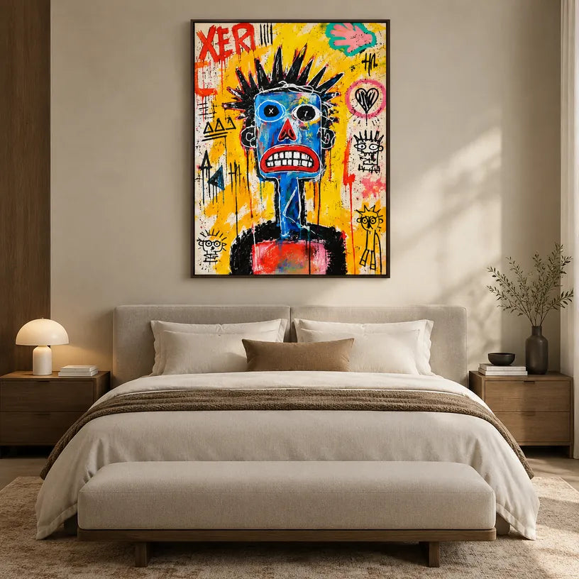 Graffiti-Porträt- und Figurenölgemälde mit einer ausdrucksstarken Figur oder einem Porträt mit malerischen Details in einer gelben Palette.