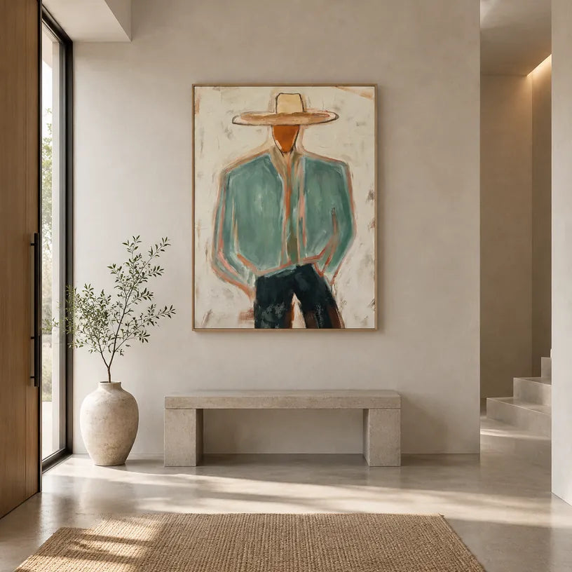 Mid-Century Modern portraiture & figure oil painting featuring an expressive figure or portrait rendered with painterly detail in a green palette.
