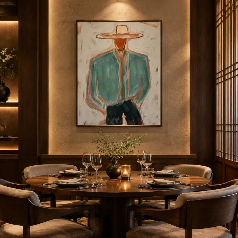 Mid-Century Modern portraiture & figure oil painting featuring an expressive figure or portrait rendered with painterly detail in a green palette.