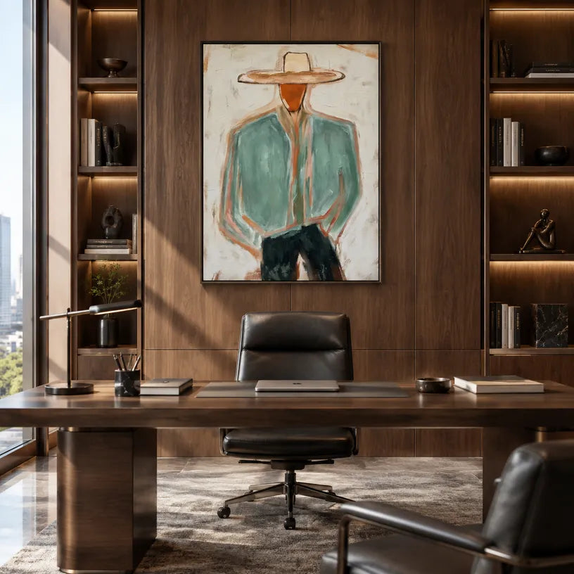 Mid-Century Modern portraiture & figure oil painting featuring an expressive figure or portrait rendered with painterly detail in a green palette.