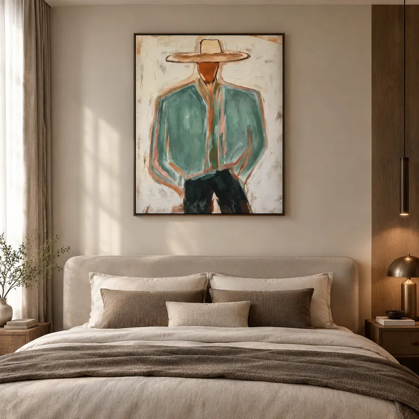 Mid-Century Modern portraiture & figure oil painting featuring an expressive figure or portrait rendered with painterly detail in a green palette.