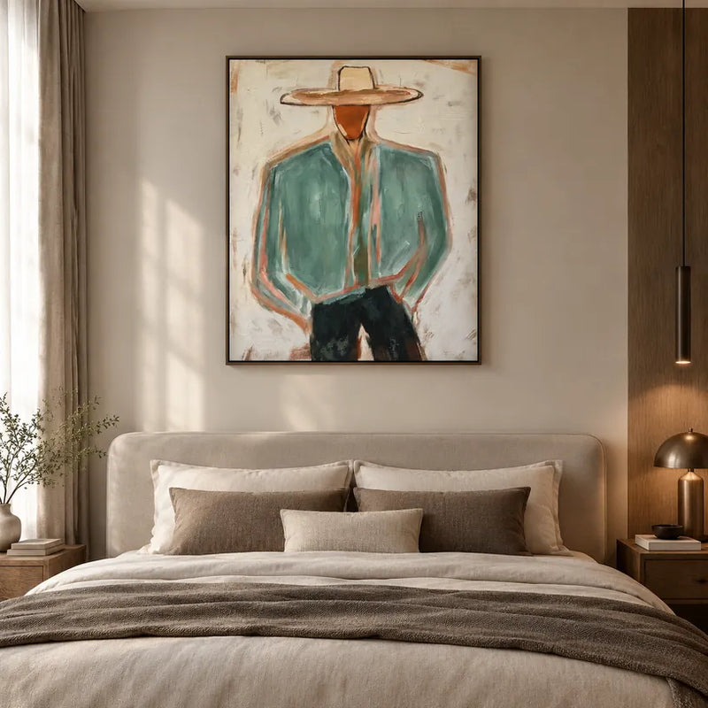 Mid-Century Modern portraiture & figure oil painting featuring an expressive figure or portrait rendered with painterly detail in a green palette.