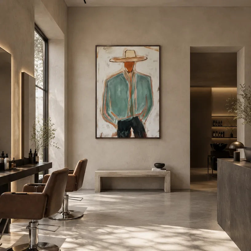 Mid-Century Modern portraiture & figure oil painting featuring an expressive figure or portrait rendered with painterly detail in a green palette.