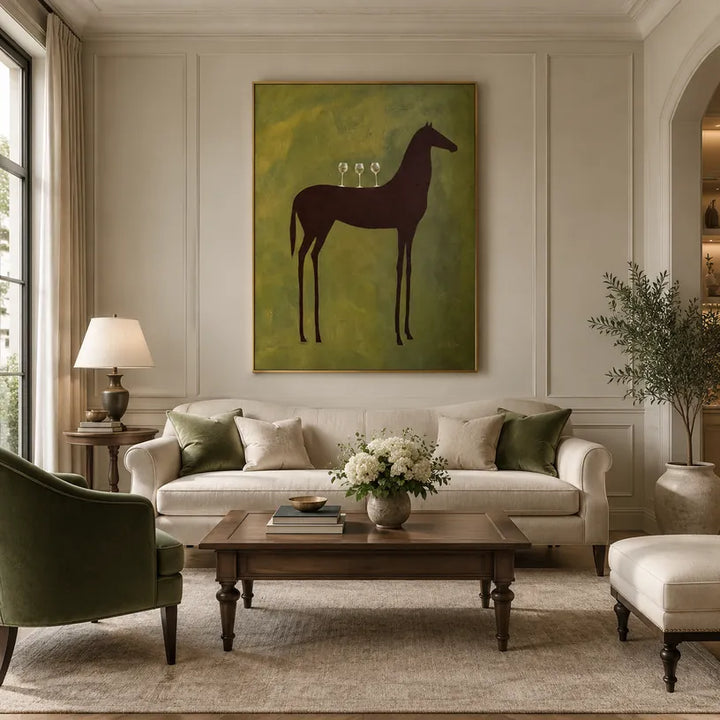 Mid-Century Modern animals oil painting featuring an expressive animal subject rendered with visible brushwork in a green palette.