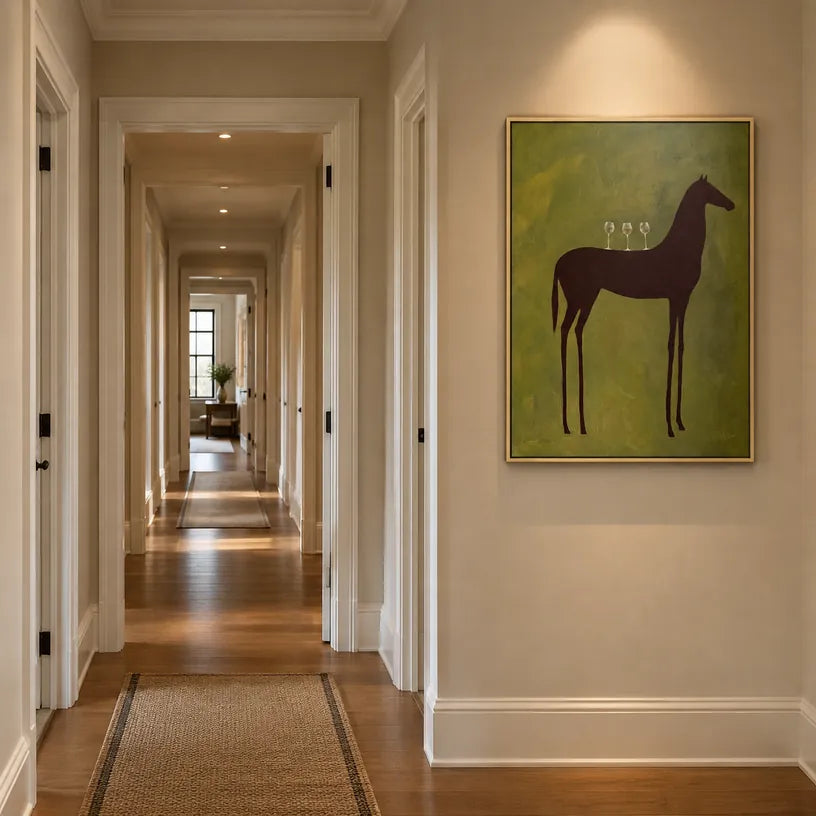 Mid-Century Modern animals oil painting featuring an expressive animal subject rendered with visible brushwork in a green palette.