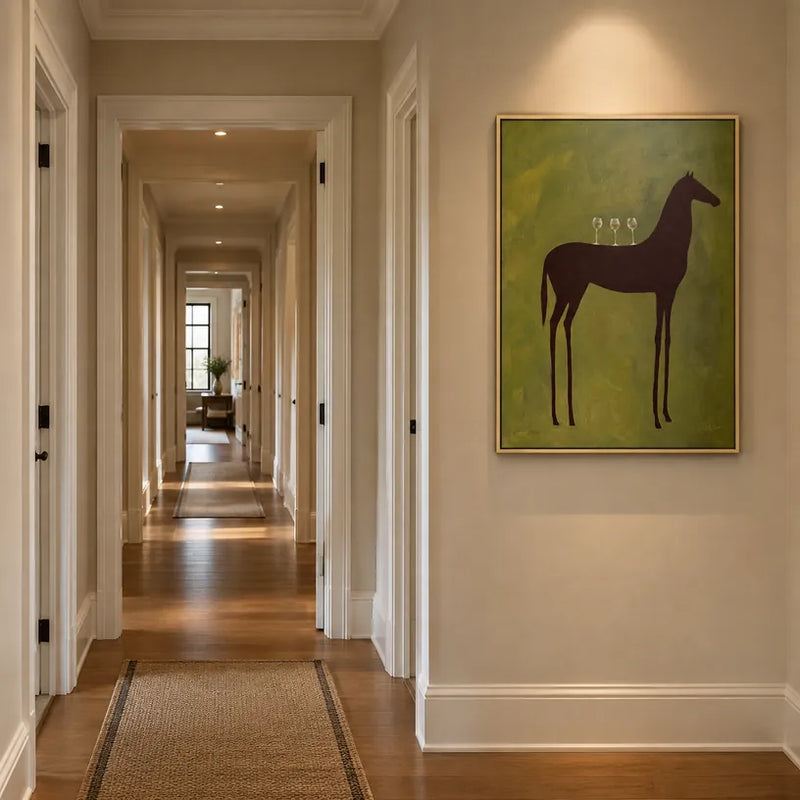 Mid-Century Modern animals oil painting featuring an expressive animal subject rendered with visible brushwork in a green palette.